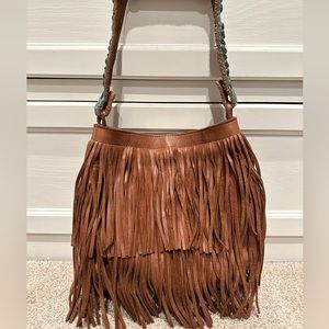 Two Bar West brown leather fringe purse with turquoise purse strap